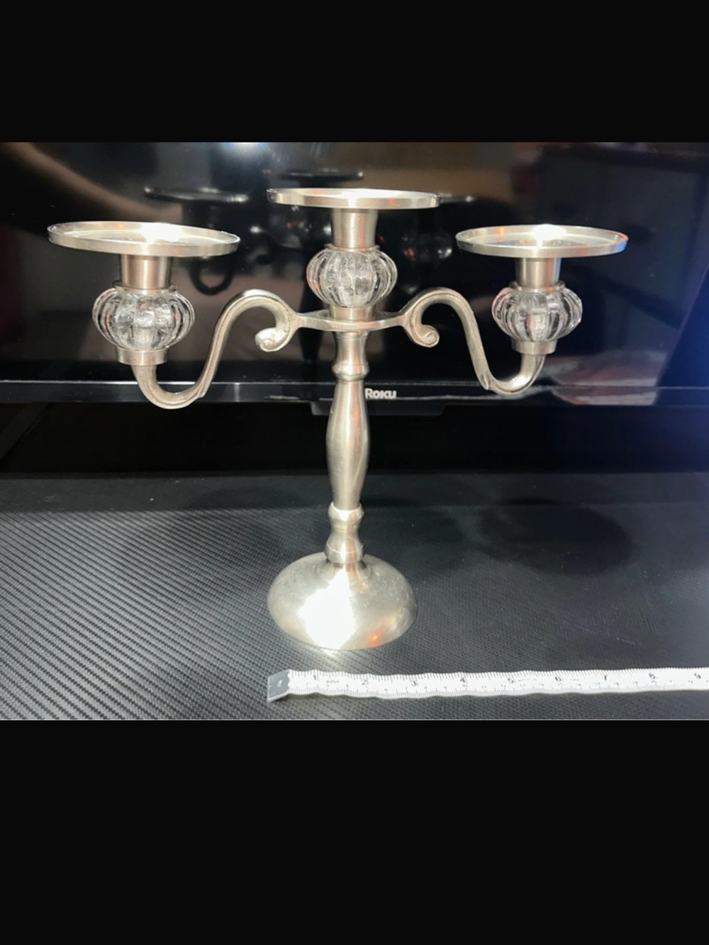 Silver 3-Arm Candelabra Candle Holder with Clear Glass Accents